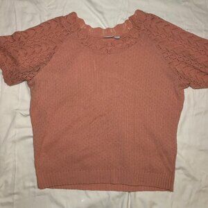 VTG Haband Peach Pointelle Knit Short Sleeve Sweater Sz L Scallop Eyelet Cottage